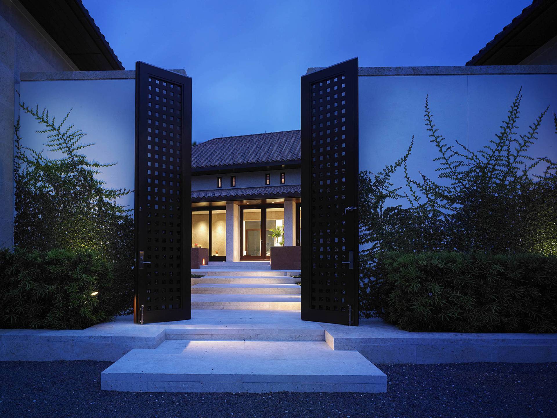 Dusk shot of entry Naples, FL residence